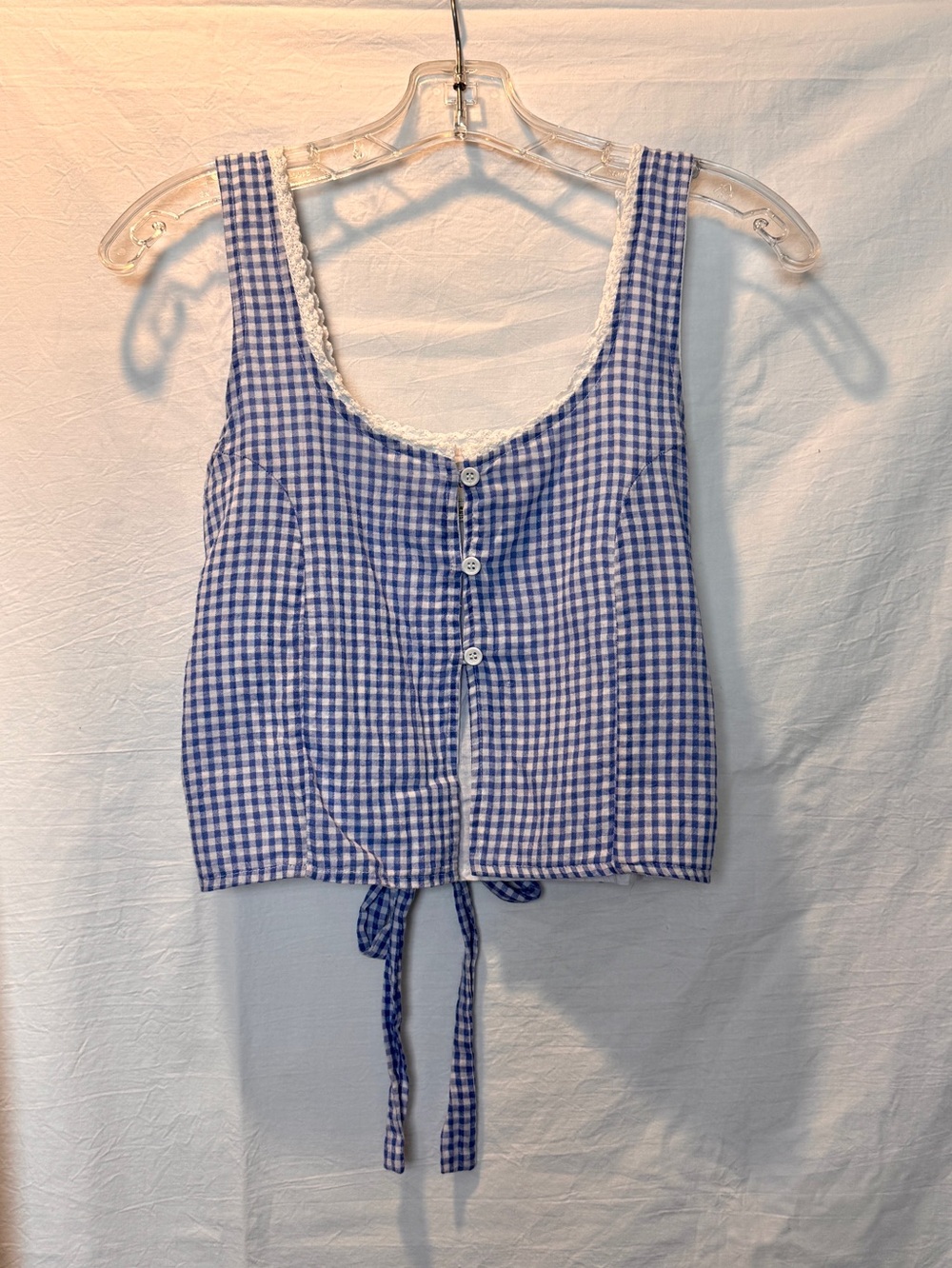 Rhythm Blue & White Gingham Lace Trim Tie-Back Tank Top – Size Small